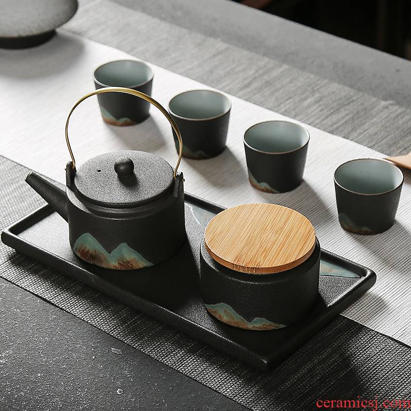 In building Japanese kung fu tea set of black suit household hand - made scenery teapot teacup set of zen dry mercifully