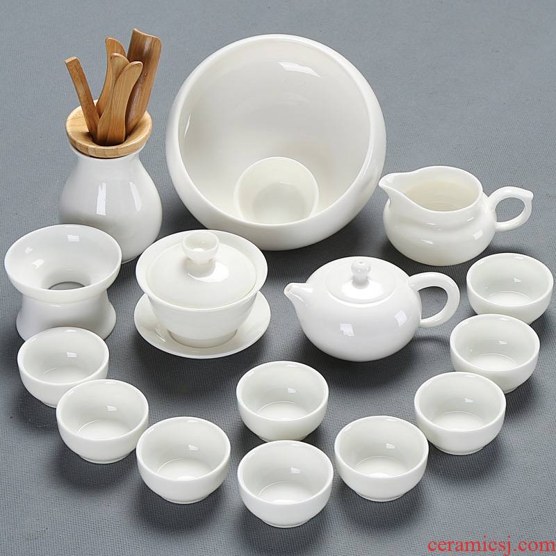 Dehua suet jade porcelain kung fu tea set a complete set of white porcelain tea tea tureen teapot teacup household ceramics