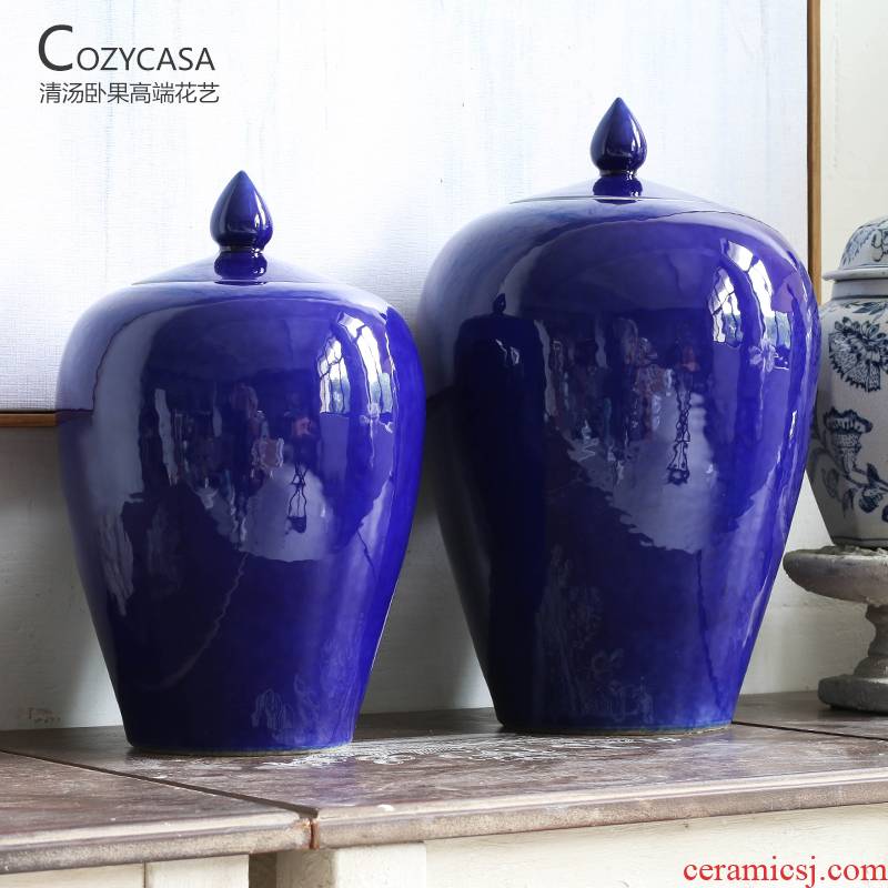 The Clear soup WoGuo jingdezhen ceramic storage tank, the general pot of new Chinese style decoration furnishing articles indigo blue and white porcelain vase