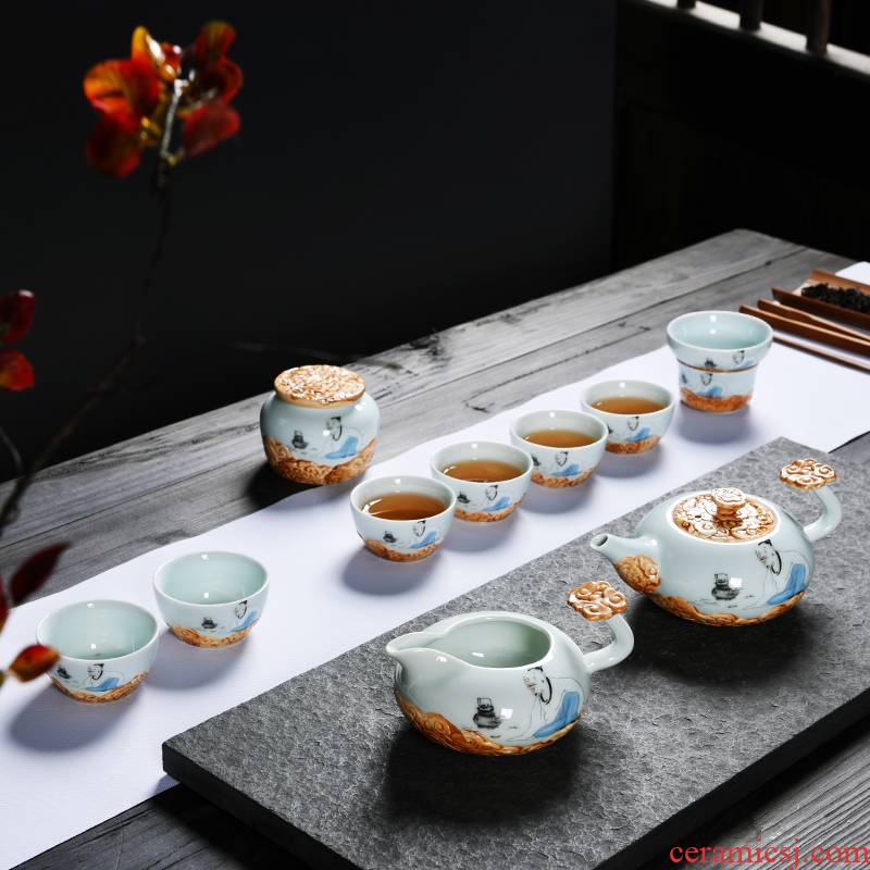 All the popular household celadon relief of a complete set of tea set contracted Chinese ceramic tea pot kung fu tea set