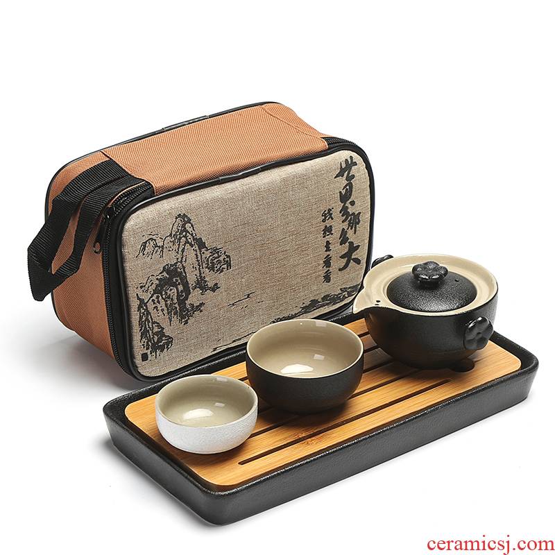 Xin arts black ceramic crack edge zen cup a pot of 2 cup travel kung fu tea set tea tray teapot teacup