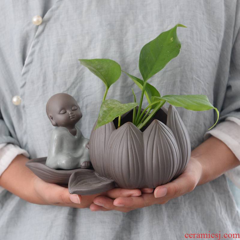 Violet arenaceous water raise small zen monk hydroponic container other copper wire grass desktop furnishing articles, fleshy white ceramic POTS