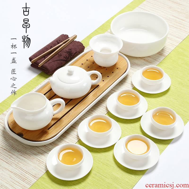 Dehua white porcelain kung fu tea set suit household jade porcelain teapot teacup of a complete set of ceramic tea tureen office gift box