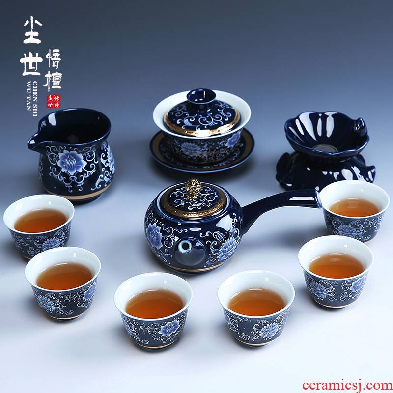 A complete set of blue glaze ceramic kung fu tea set the home office of blue and white porcelain teapot teacup dry tea tureen suit