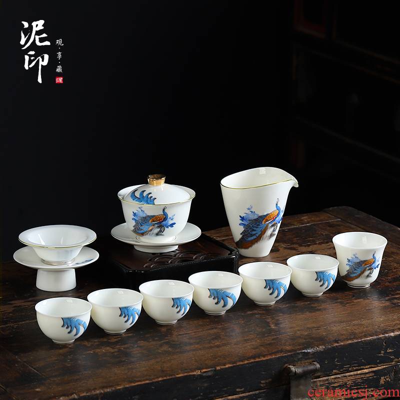 Kung fu tea set mud seal home office to receive a visitor hand - made ling delight in white porcelain cups a complete set of gift boxes
