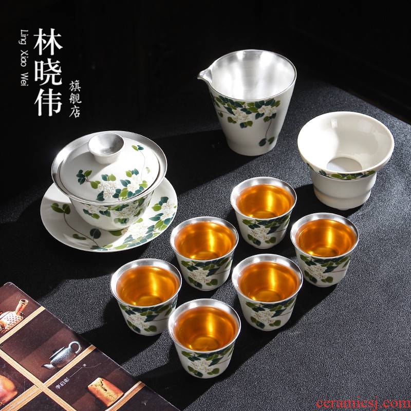 European tasted silver gilding ceramic tea set suit household creative hand - made kung fu silver cup bowl sample tea cup tureen package