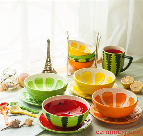 Jingdezhen cartoon creative lovely fruit watermelon salad rice bowls bowl dessert plates teaspoons of ceramic tableware suit