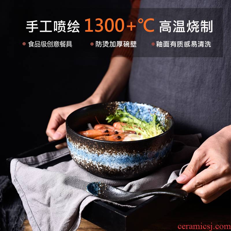 Japanese ceramic bowl with cover bowl chopsticks sets a single household noodles creative students eat bowl move dormitory tableware