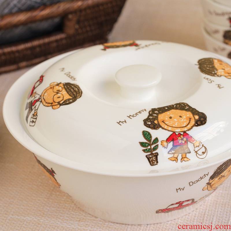 Happiness is a express cartoon ipads porcelain ceramics cartoon with cover large pot soup bowl ceramic tableware