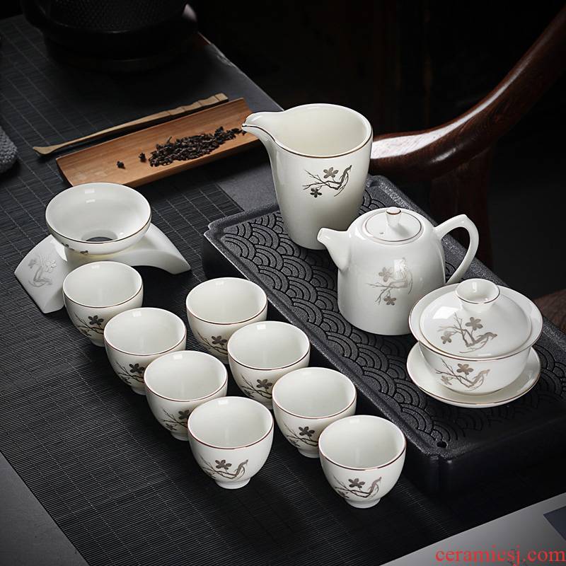True sheng jade suet white porcelain tea kungfu tea set home a whole set of ceramic tea cup lid bowl