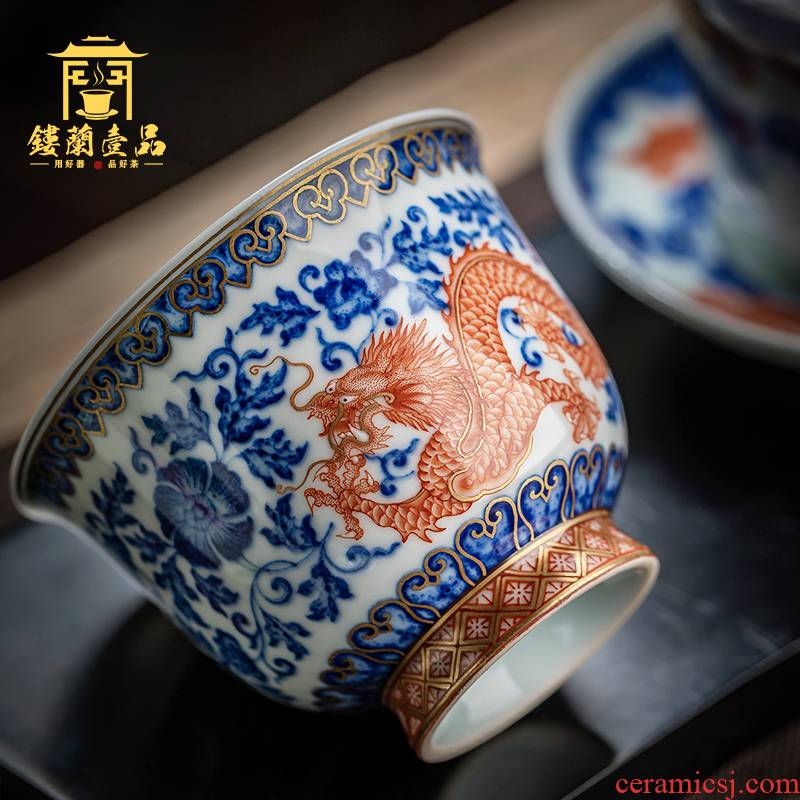 Pure manual blue tie up branch pipe sample tea cup jingdezhen ceramic dragon kung fu master cup single cup tea bowl