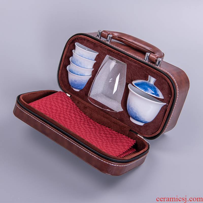 Travel tea set suit portable bag white porcelain crack kung fu tea tureen suit jingdezhen ceramic cups and 4 people