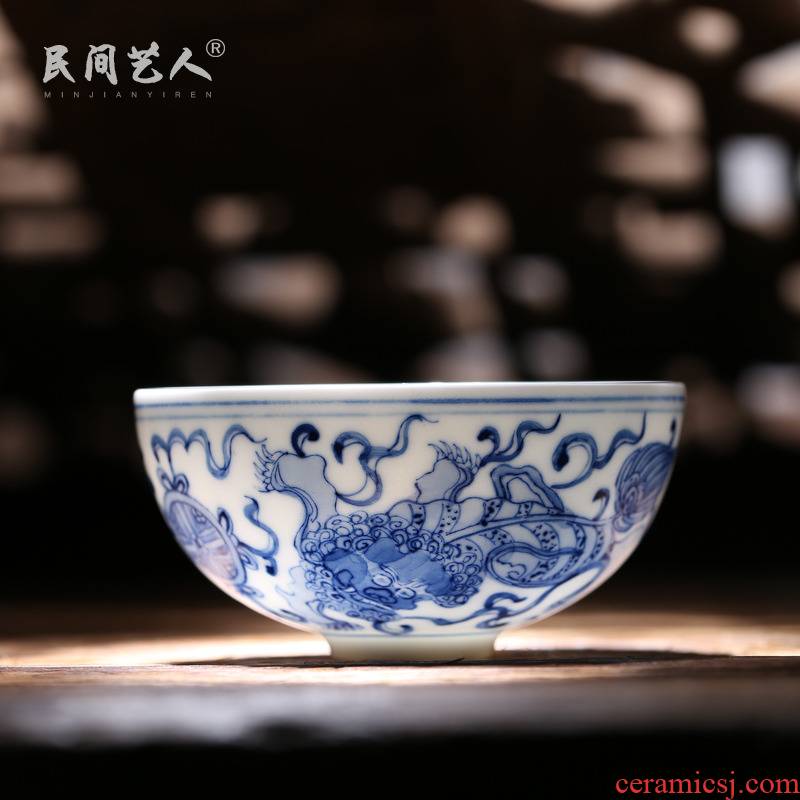Jingdezhen ceramic master kung fu tea cup single CPU hand - made sample tea cup individual cup blue large pu - erh tea cup