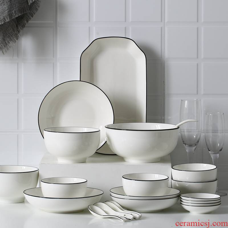 Nordic black bowl dish suit suit household eat dish bowl suit ceramic tableware chopsticks dish soup bowl
