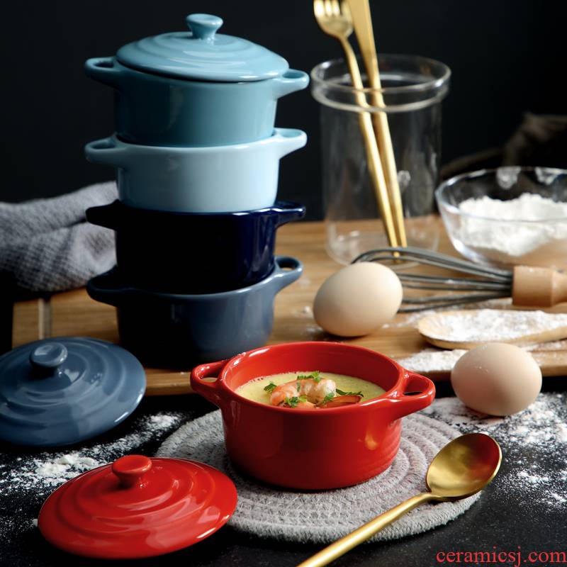 Ceramic baked bread and butter roasted bowl with cover ears sweet household shu she bird 's nest steamed egg stew soup bowl for Ceramic bowl