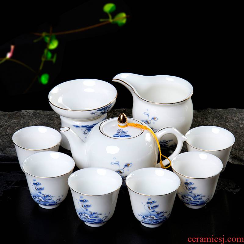 Ronkin dehua white porcelain tea kungfu tea set of household ceramic tea jade porcelain cups of a complete set of the teapot