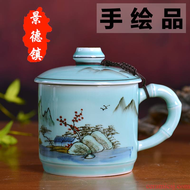 Jingdezhen ceramic cup with cover the boss cup celadon hand - made personal office and meeting of large capacity make tea cup tea cups