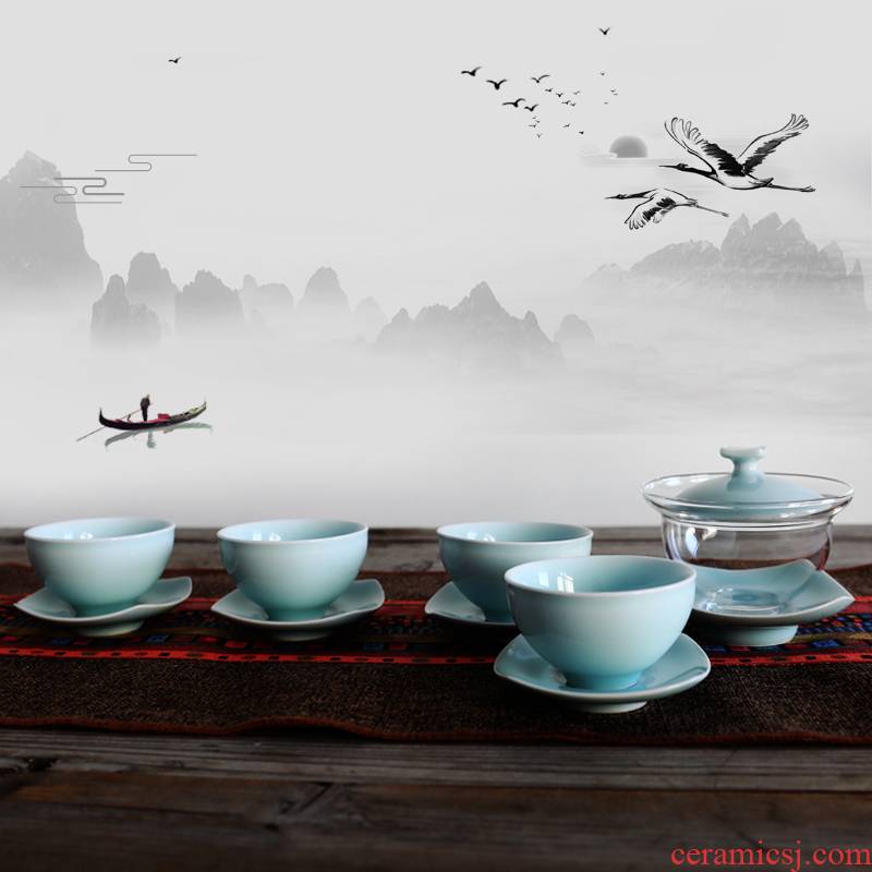 Oujiang longquan celadon kung fu tea set suit high - end boutique tureen transparent glass tea cups sample tea cup