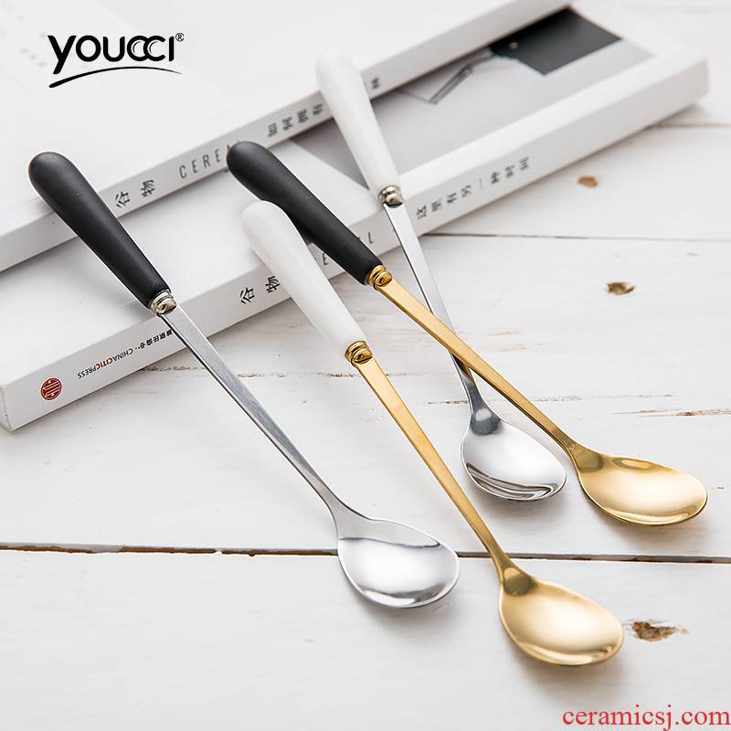 Stainless steel coffee spoon with the mixing spoon long spoon, spoon, dessert spoon handle ceramic knife spoon