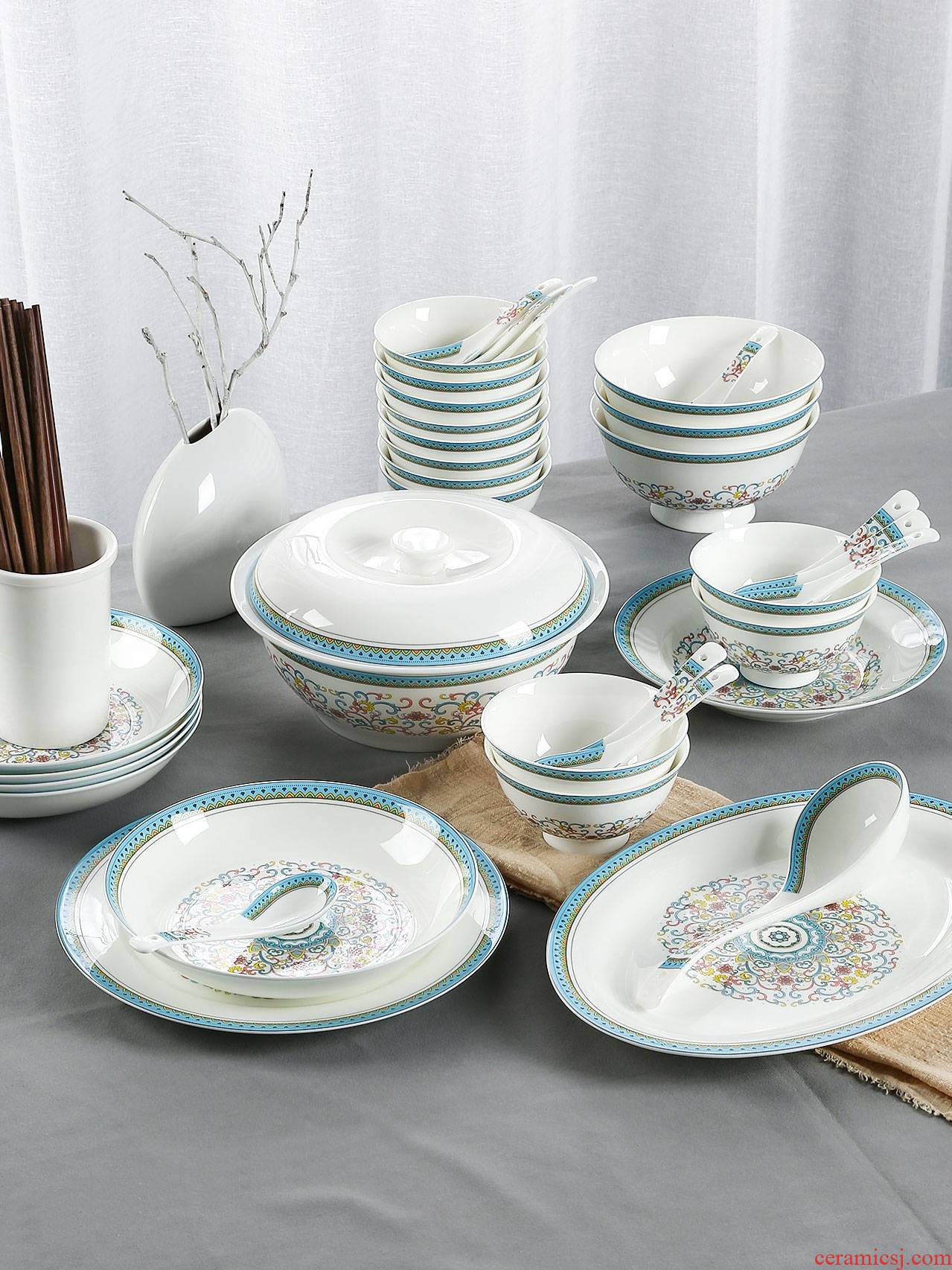 Jingdezhen tableware suit Chinese chopsticks ipads porcelain ceramic bowl dish dishes suit household JiFanJin 6 people