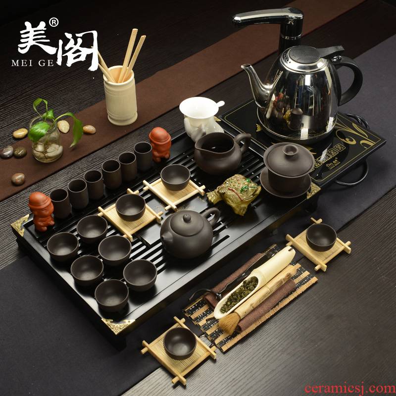 Beauty cabinet kung fu tea set with violet arenaceous solid wood tea tray of a complete set of induction cooker tea tea pot set