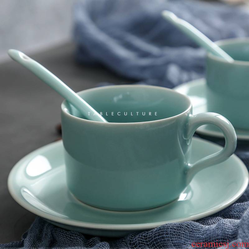 Longquan celadon cup pure color contracted household keller with spoon, coffee cup saucer of milk cup creative ceramic tea cup