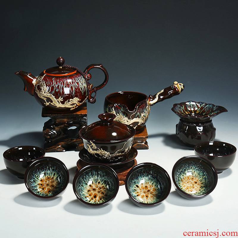 Japanese kung fu coppering. As silver suit household temmoku glaze ceramic tea set of a complete set of domestic up teapot tea cups