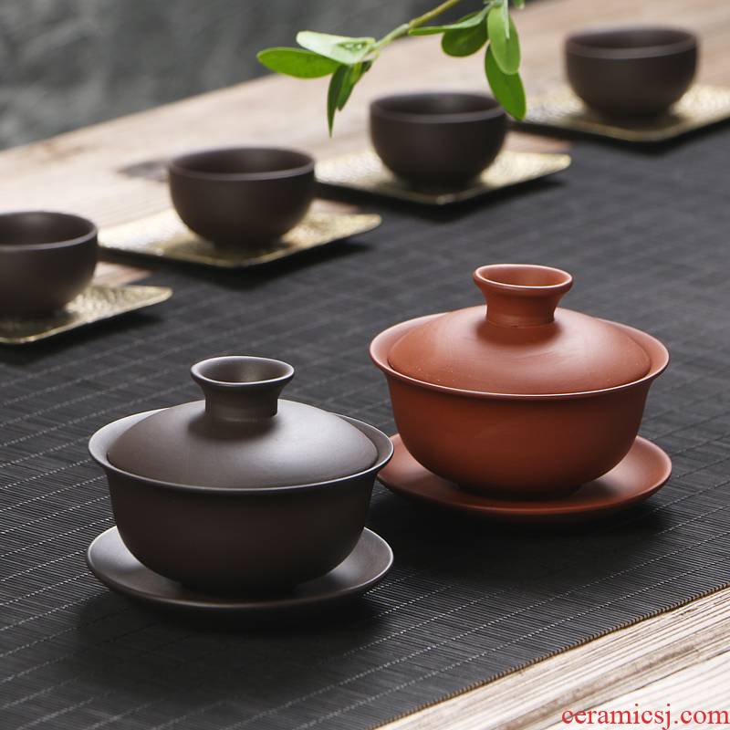 Ya xin company hall of violet arenaceous tureen tea cups to use purple clay kung fu tea set the teapot tea bowl three large bowl
