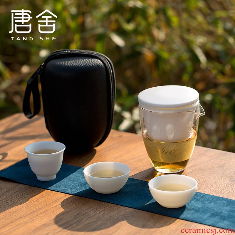 Tang's white porcelain crack cup cup ceramic glass vehicle travel is suing the home portable bag tea set