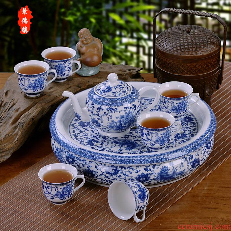 Jingdezhen household ceramics kung fu tea set suits for Chinese blue and white porcelain teapot tea tray was a complete set of tea cups