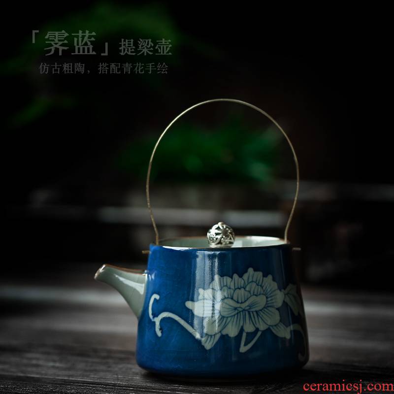 ShangYan archaize ceramic girder pot small kung fu tea pot of blue and white porcelain hand - made teapot single pot teapot