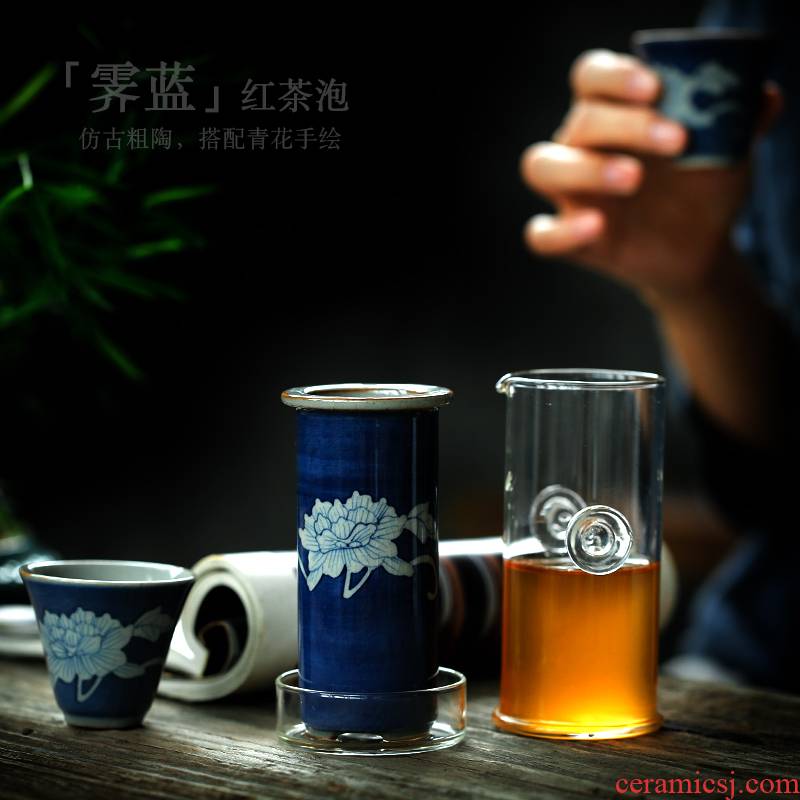 ShangYan ceramic crack cup of pu 'er tea tea is a pot of two cups of hand - made of filtering pot of blue and white porcelain tea set
