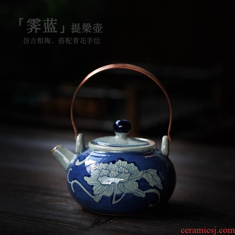 ShangYan hand - made ceramic teapot household small antique girder of blue and white porcelain pot teapot kung fu tea pot