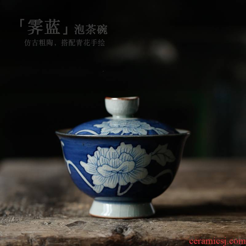 ShangYan hand - made tureen of blue and white porcelain teacup large kung fu tea set three restoring ancient ways to make tea cup ceramic household bowls