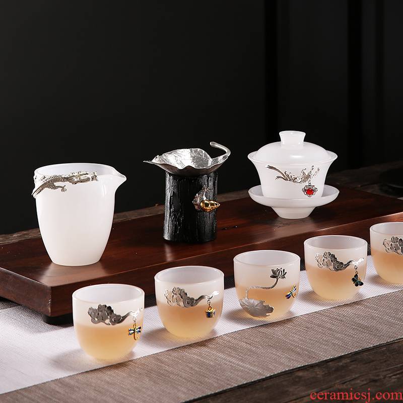 Jingdezhen kung fu tea set suit household contracted and I tureen teapot, coloured glaze jade white porcelain ceramic cups