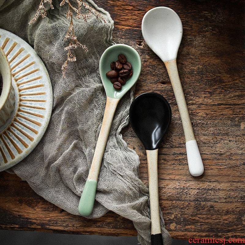 Household such as soup spoon run retro coarse pottery checking spoon cup ceramic spoon, spoon, spoon, small spoon, long handle