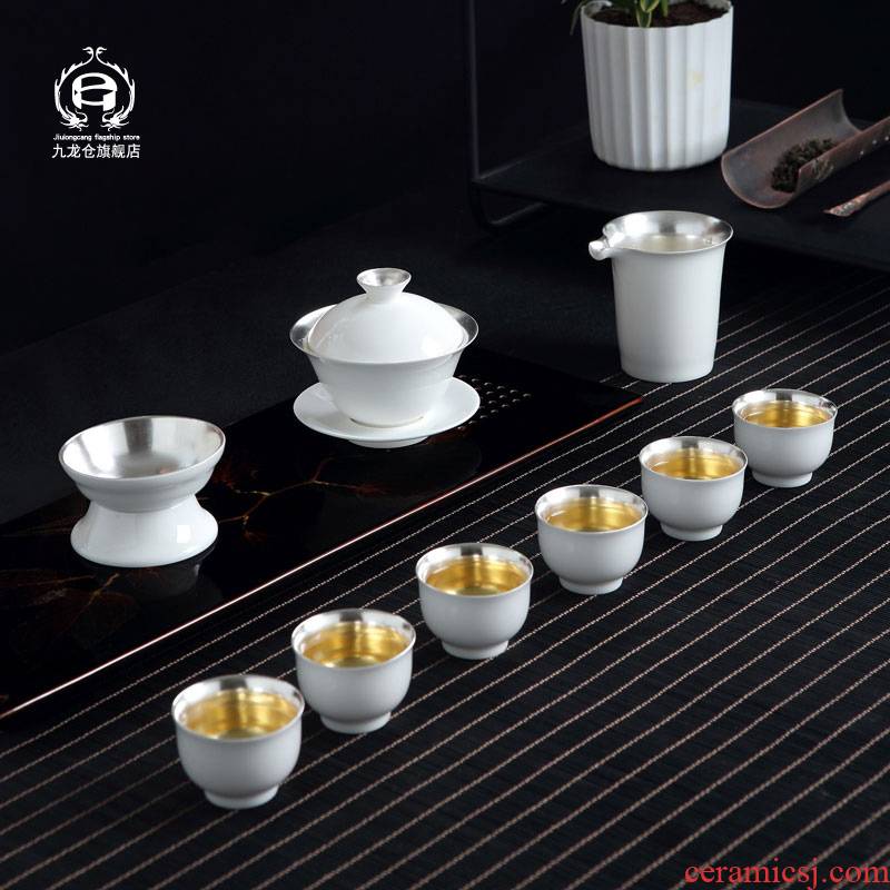 DH jingdezhen kung fu tea set home sitting room is contracted and I tea tureen coppering. As the silver ceramic cups