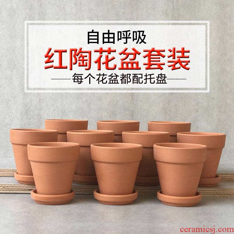 Red clay POTS with tray was Red clay ceramic basin is made of baked clay contracted fleshy flower pot clay flowerpot pack mail
