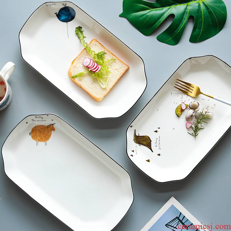 Ancient bo dishes ceramic household cartoon tableware rectangular fish dish plate plate plate creative fruit bowl of steamed fish
