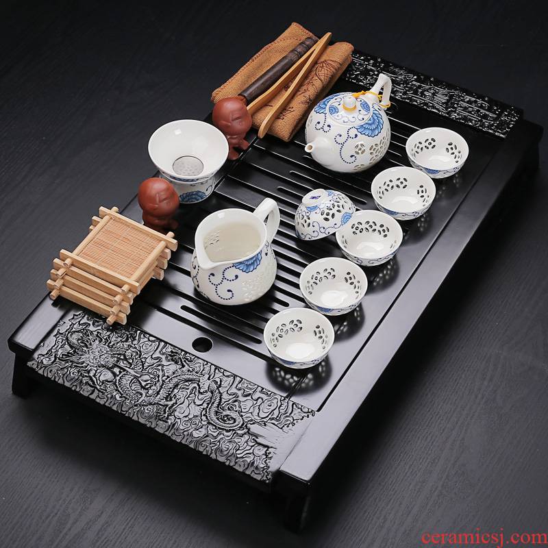 Old &, ceramic purple sand your up household kung fu tea set solid wood tea tray was water drainage of a complete set of small xiangyun
