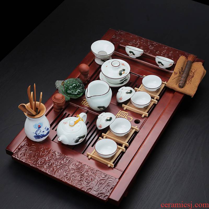 Old &, your up ceramic tea set household solid wood tea tray teapot teacup of a complete set of large drainage in xiangyun