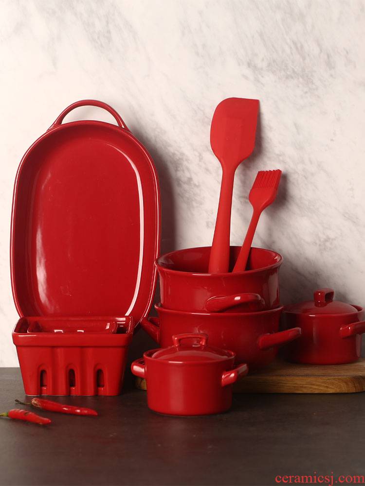 Both the WS series pan ceramic household tableware suit special ears red oven baked baking bowl dribbling