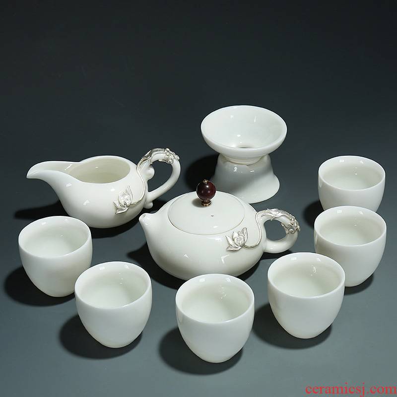 White porcelain kung fu tea set dehua porcelain coppering. As silver jade teapot teacup ceramic tureen filter home office of a complete set of gift box