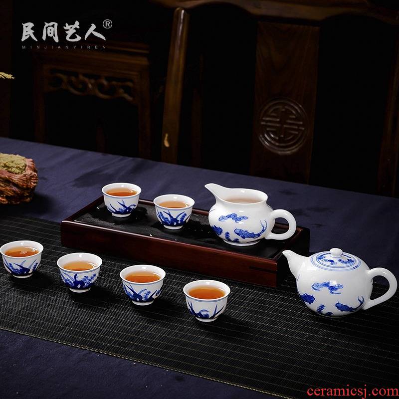 Jingdezhen Chinese tea set ceramic kung fu tea set hand - made porcelain teapot craftsmen of a complete set of tea cups