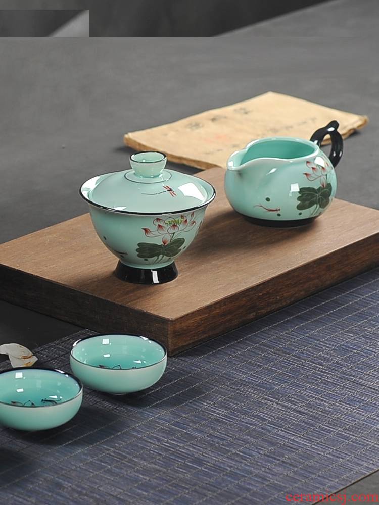 Tea set suit small household contracted and I longquan celadon hand - made ceramic lid bowl gift boxes kung fu Tea cups