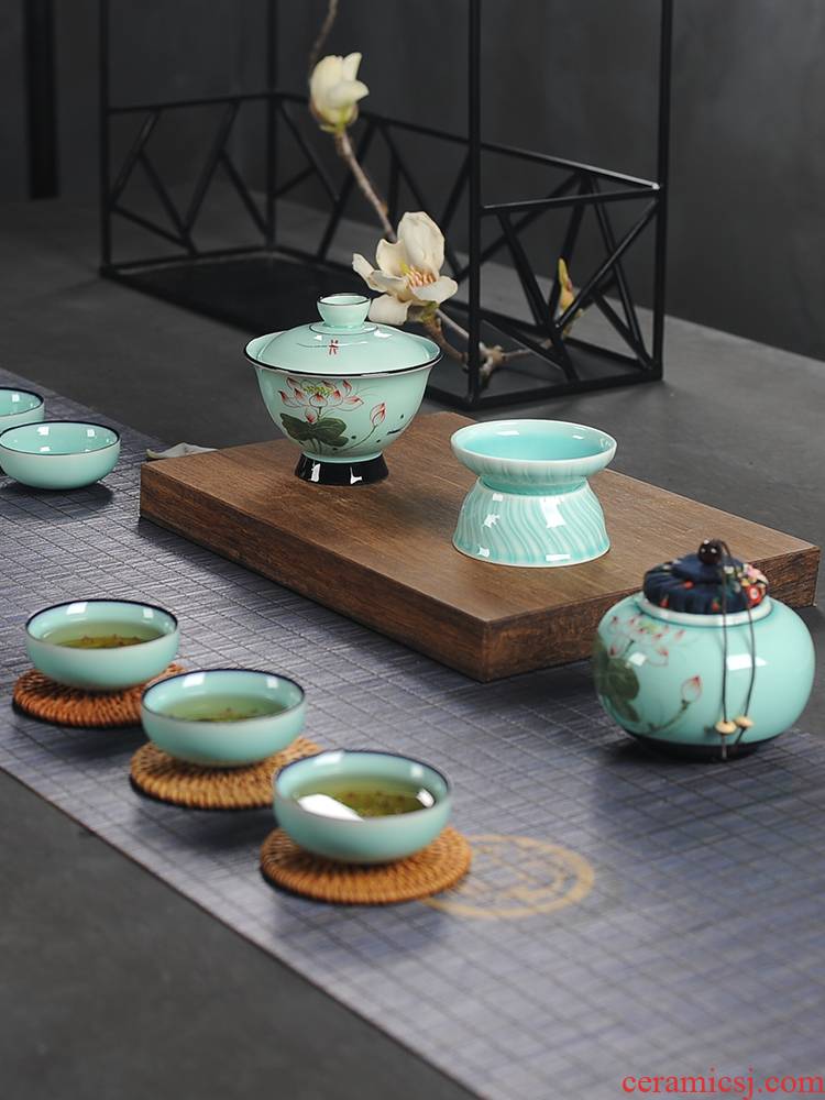 Kung fu tea set longquan celadon household ceramics jingdezhen hand - made office tea cup tureen gift fish