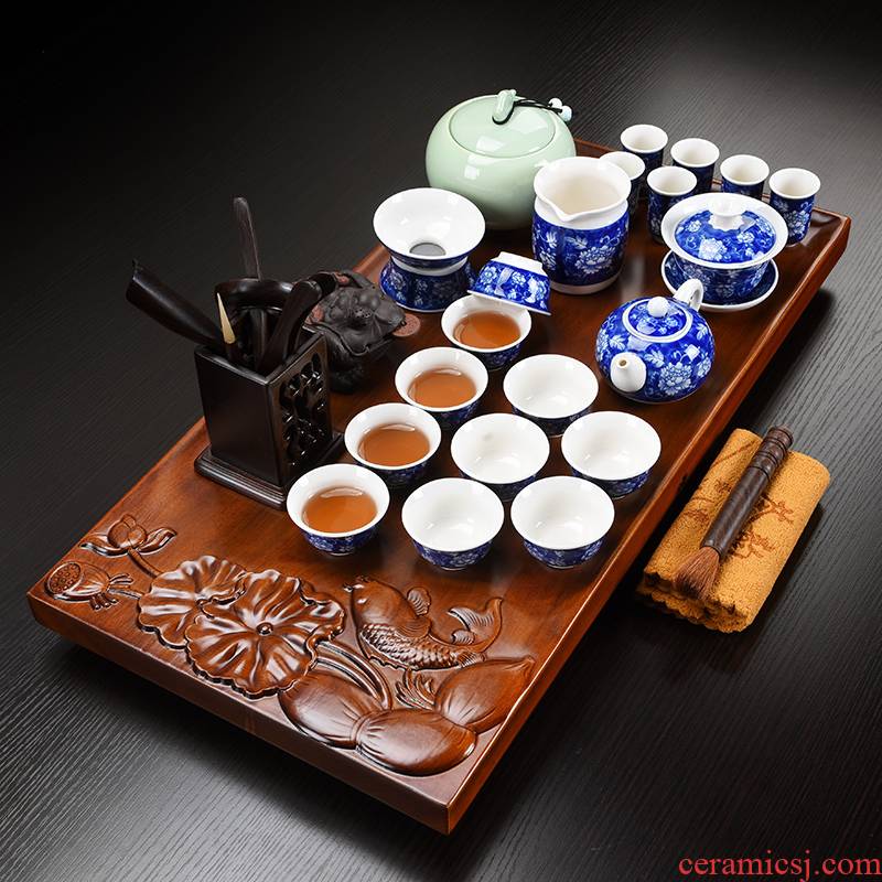 Repeatedly in the whole household solid wood tea tray was ground tea sets household contracted sitting room ceramic kung fu tea set