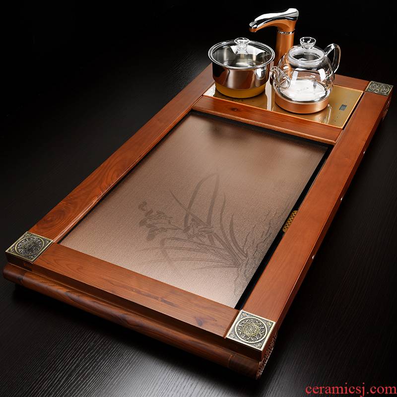 All flourishing tea set automatic solid wood of a complete set of ceramic tea set tea tray induction cooker with a block of mixture pear flower