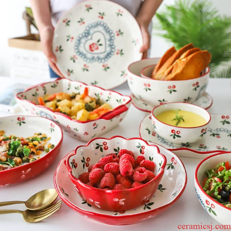Selley cherry than ceramic tableware suit long tableware chopsticks soup bowl bowl meal plate plate rainbow such use