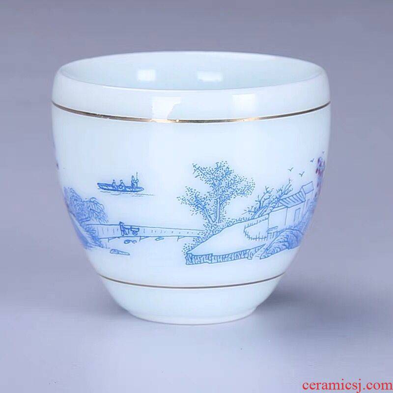 Household light blue and white porcelain tea cups kung fu small teacups master single cup light tea bowl sample tea cup cup